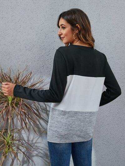 Color Block Round Neck Long Sleeve T-Shirt - Trendsi - Flyclothing LLC