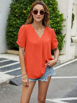 Ruched Short Sleeve V-Neck Blouse - Trendsi - Flyclothing LLC