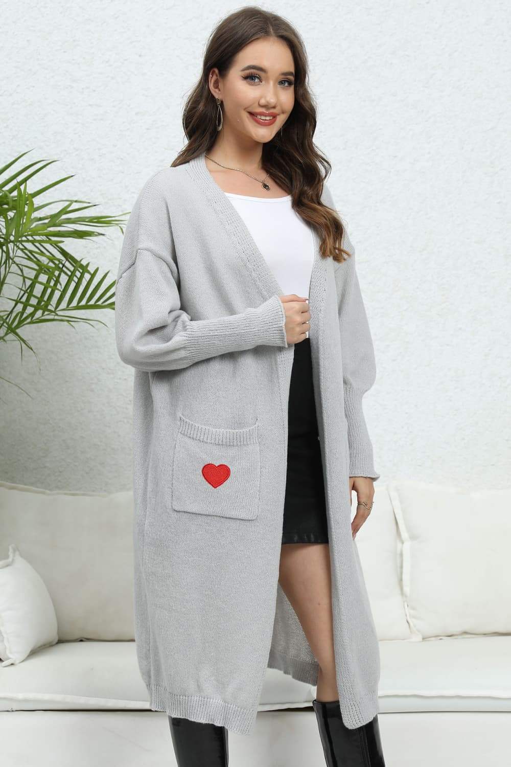 Lantern Sleeve Open Front Pocketed Cardigan - Trendsi - Flyclothing LLC