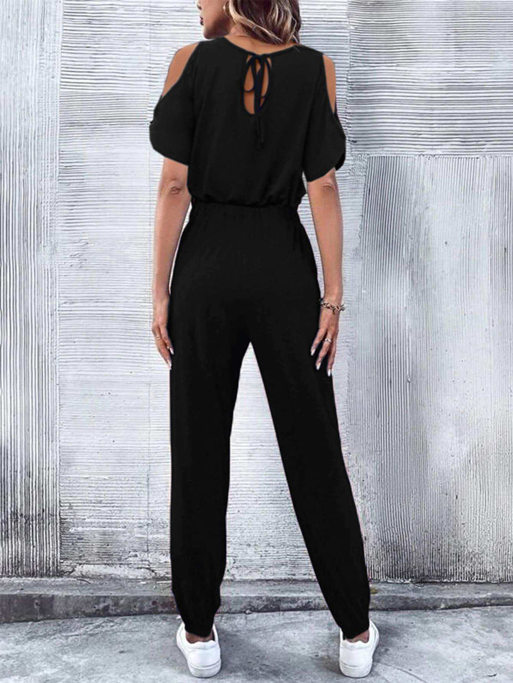 V-Neck Cold-Shoulder Jumpsuit with Pockets - Trendsi - Flyclothing LLC