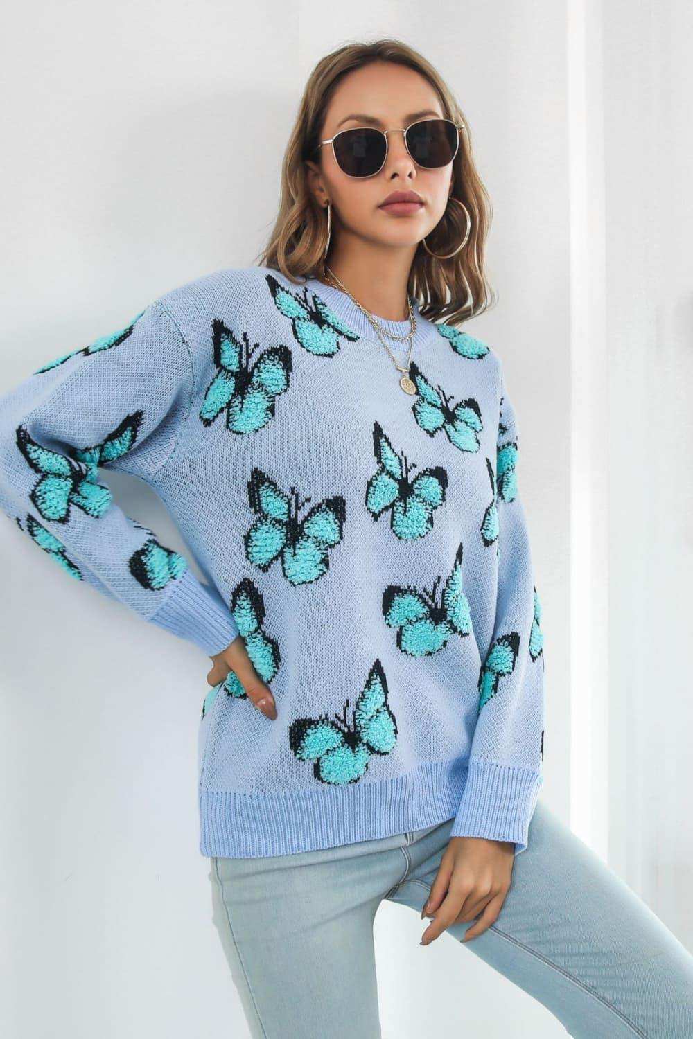 Butterfly Pattern Round Neck Dropped Shoulder Sweater - Trendsi - Flyclothing LLC