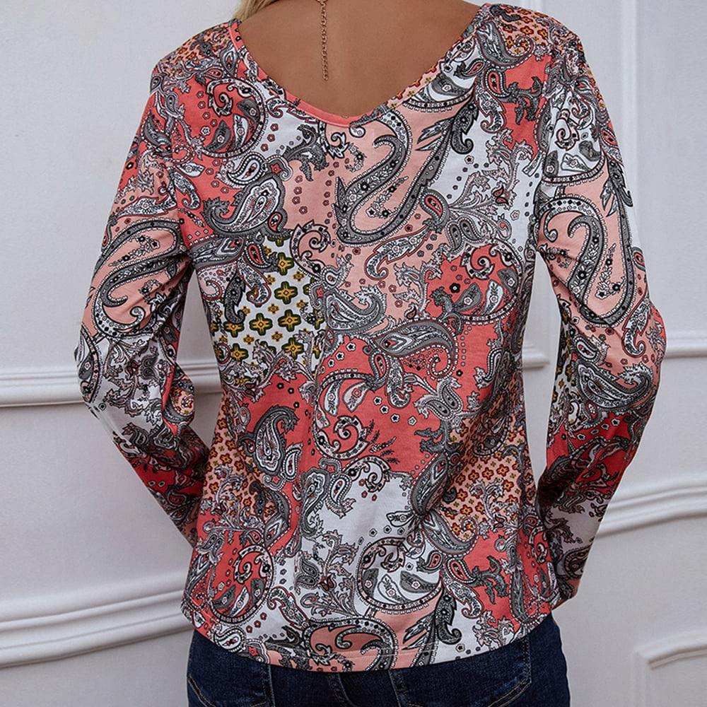 Printed V-Neck Long Sleeve Blouse - Trendsi - Flyclothing LLC