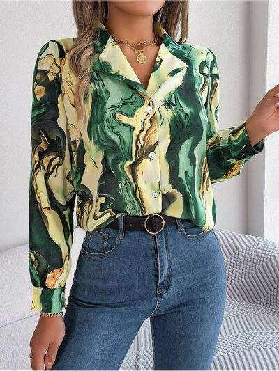 Printed Button Up Long Sleeve Shirt - Trendsi - Flyclothing LLC