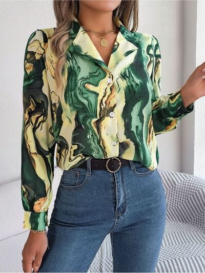 Printed Button Up Long Sleeve Shirt - Trendsi