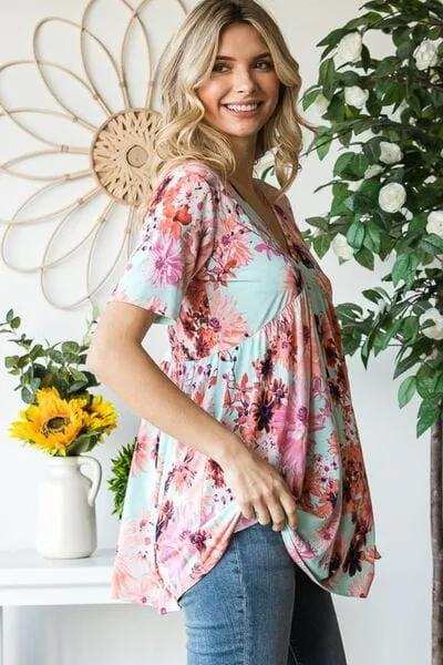 Heimish Full Size Floral V-Neck Short Sleeve Babydoll Blouse - Trendsi - Flyclothing LLC