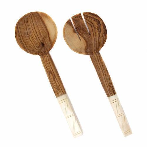 Olive Wood Salad Servers with Bone Handles, White with Square Design - Jedando