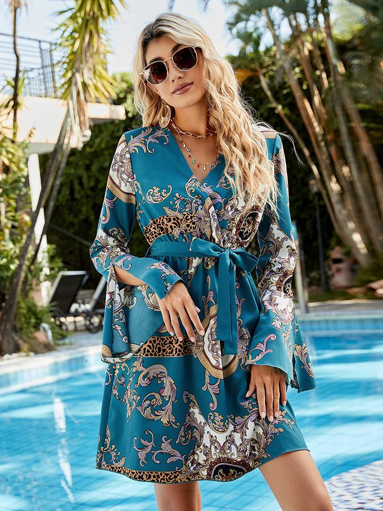 Printed Tie Belt Slit Flare Sleeve Dress - Trendsi