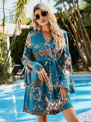 Printed Tie Belt Slit Flare Sleeve Dress - Trendsi