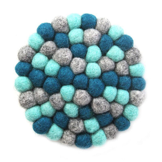 Hand Crafted Felt Ball Coasters from Nepal: 4-pack, Chakra Light Blues - Global Groove (T) - Global Groove