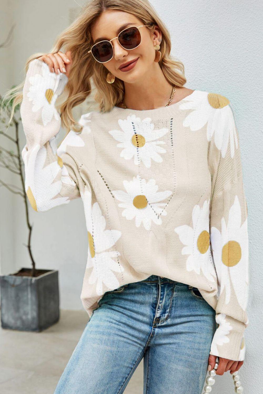 Daisy Print Openwork Round Neck Sweater - Trendsi