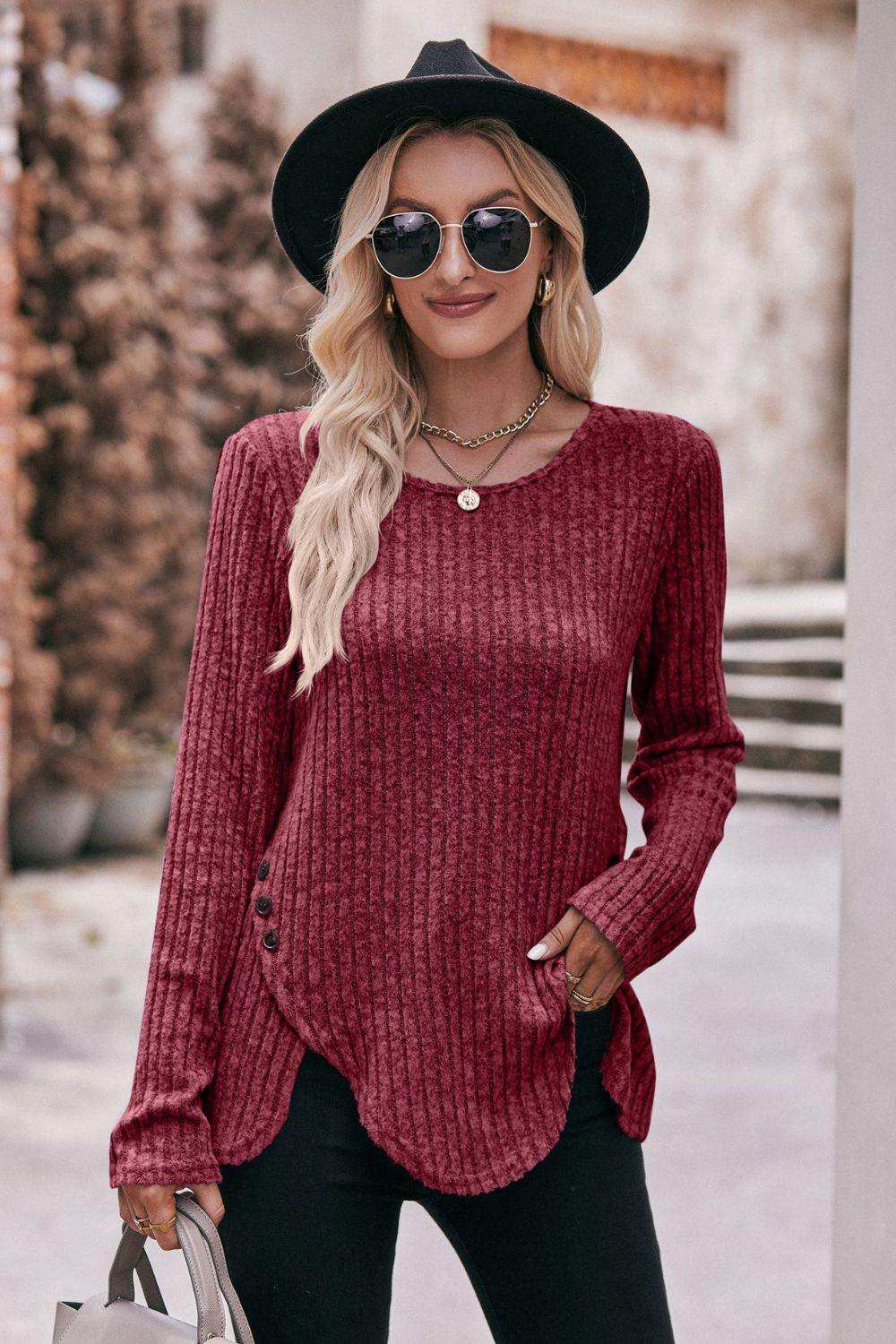 Buttoned Hem Detail Ribbed Top - Trendsi - Flyclothing LLC