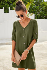 Buttoned V-Neck Dress - Trendsi