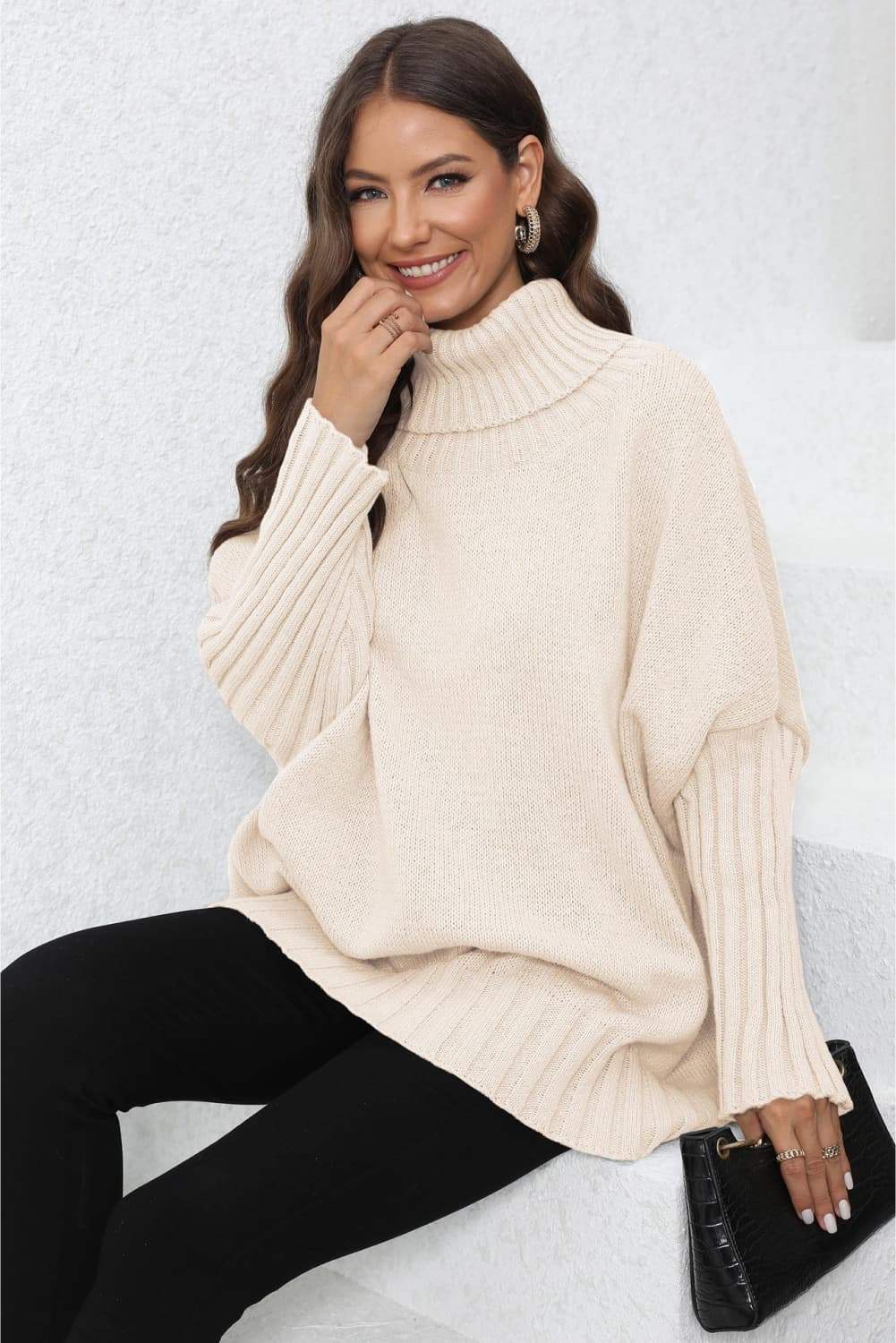 Turtle Neck Long Sleeve Ribbed Sweater - Trendsi - Flyclothing LLC