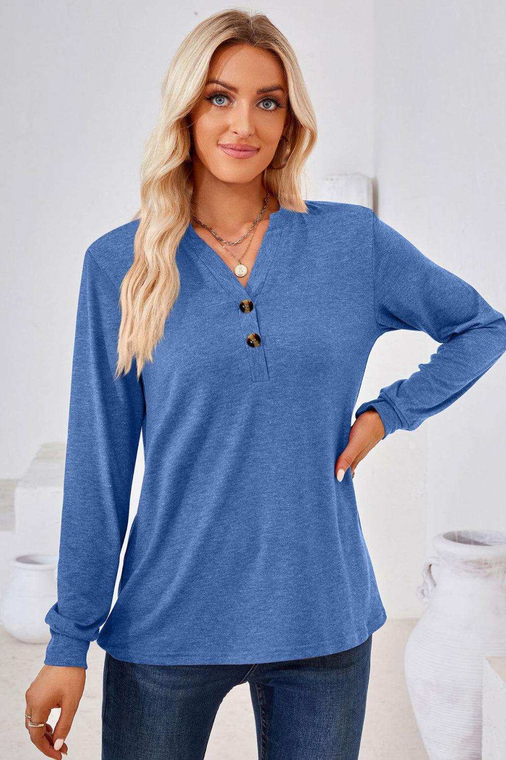 V-Neck Buttoned Long Sleeve Blouse - Trendsi - Flyclothing LLC
