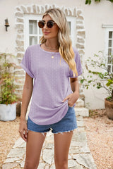 Full Size Round Neck Eyelet Short Sleeve Top - Trendsi - Flyclothing LLC