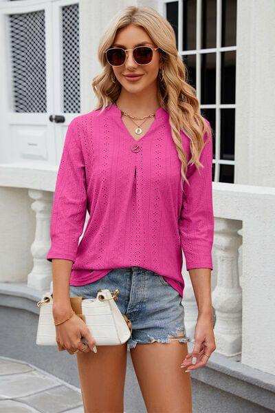 Eyelet Notched Knit Jacquard Top - Trendsi - Flyclothing LLC
