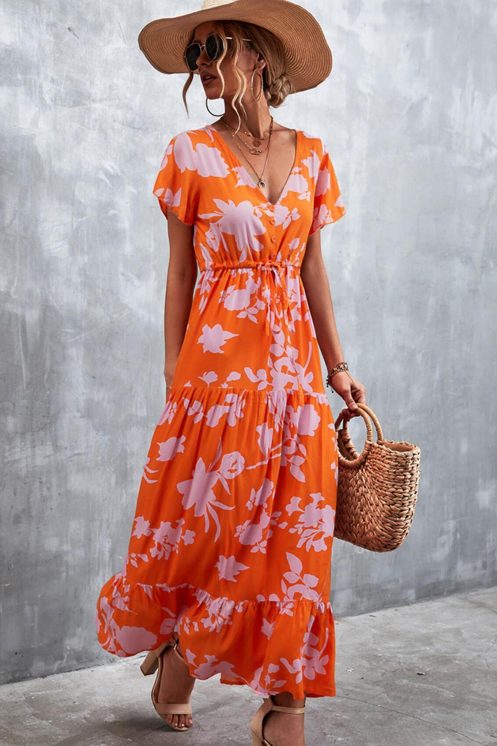 Floral Buttoned Drawstring Waist Tiered Dress - Trendsi - Flyclothing LLC