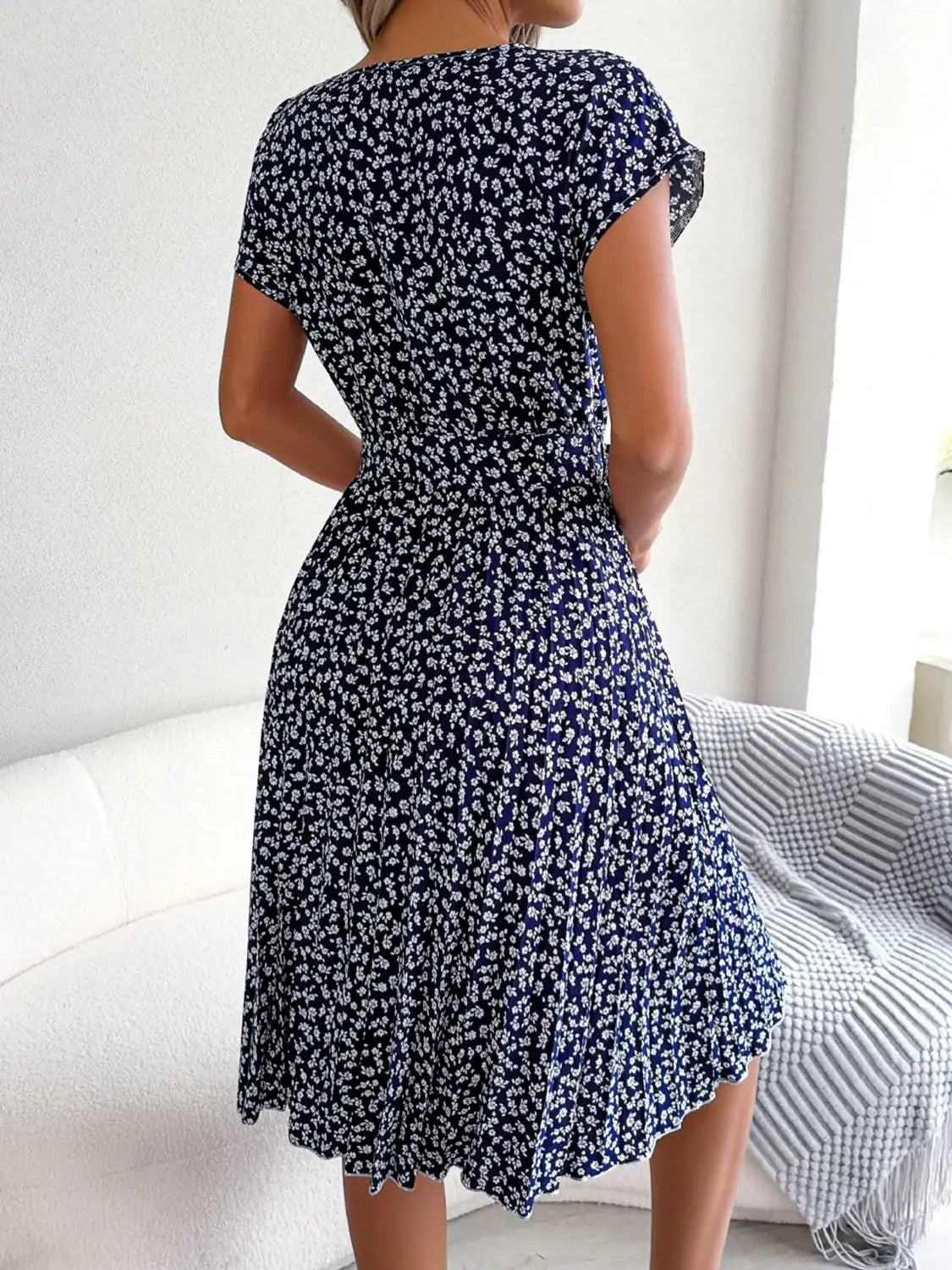 Ditsy Floral Pleated Belted Dress - Trendsi - Flyclothing LLC