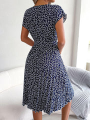 Ditsy Floral Pleated Belted Dress - Trendsi