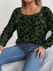 Leopard Buttoned Square Neck Sweater - Trendsi