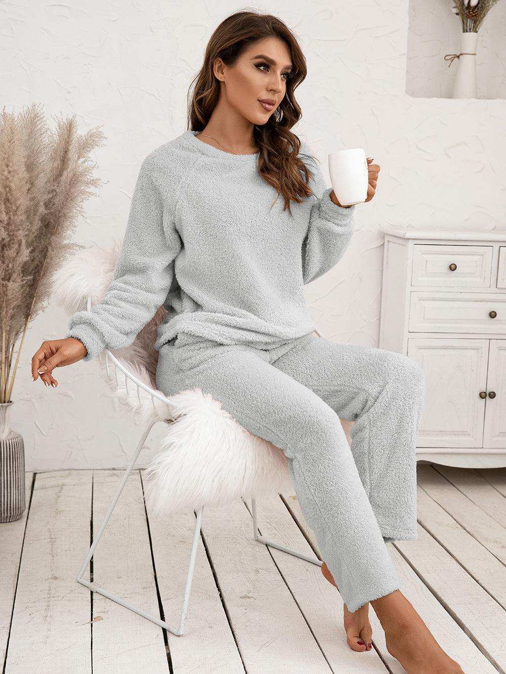 Teddy Long Sleeve Top and Pants Lounge Set - Trendsi - Flyclothing LLC