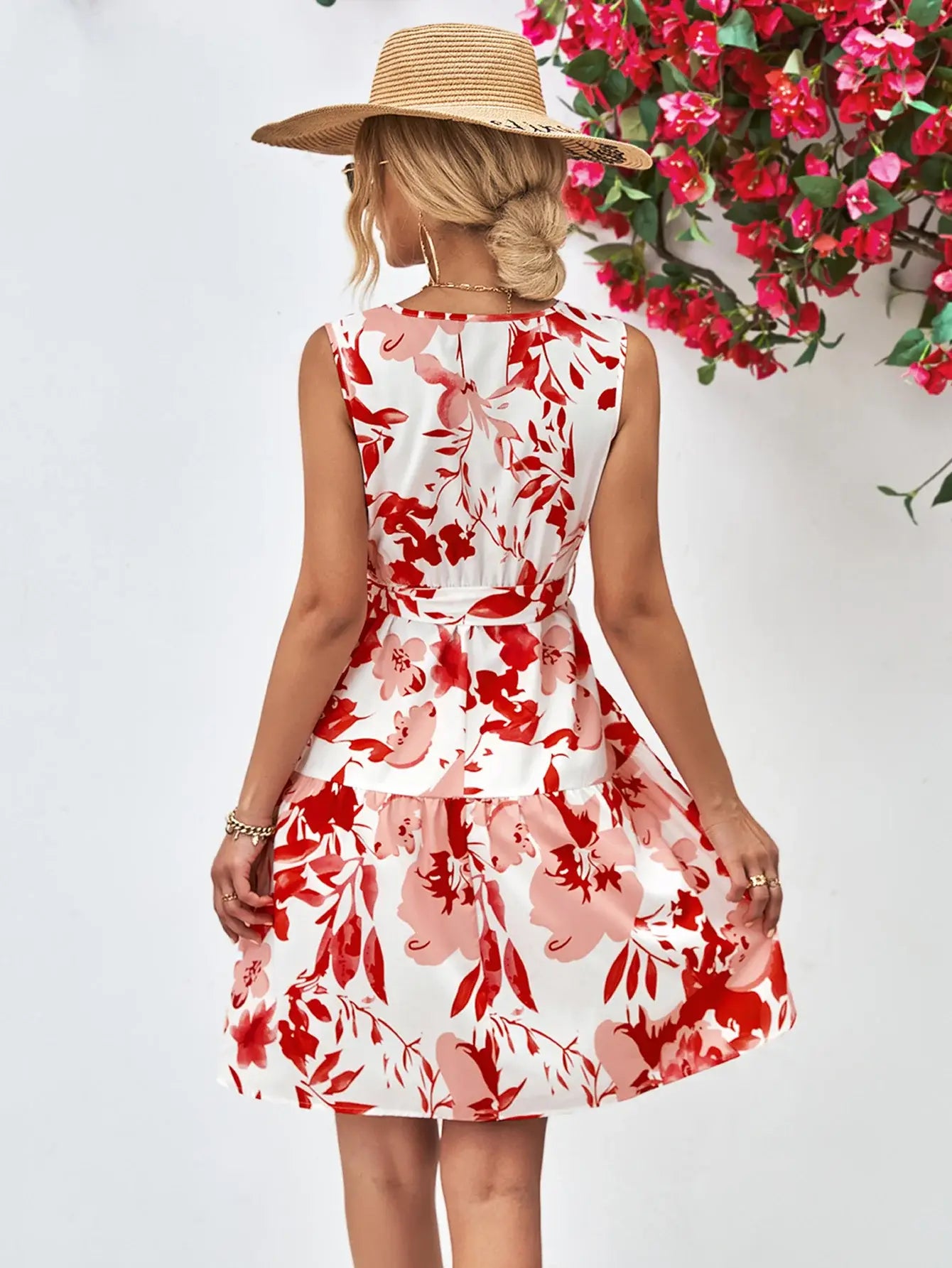 Floral V-Neck Tie Waist Sleeveless Dress - Trendsi - Flyclothing LLC