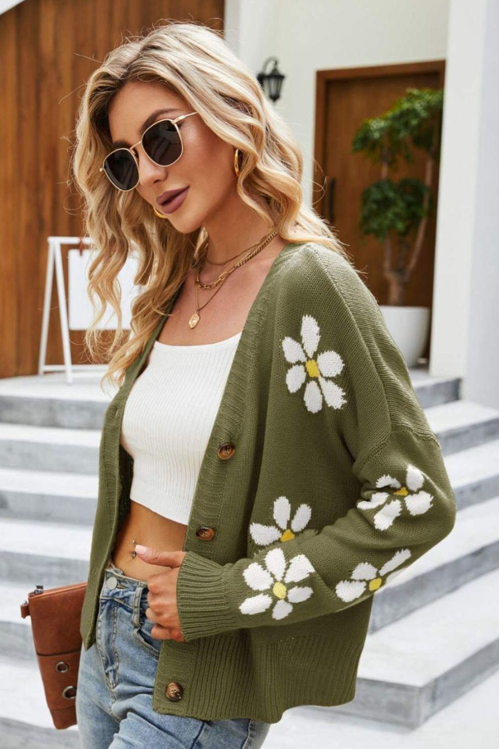 Floral Ribbed Trim Drop Shoulder Cardigan - Trendsi