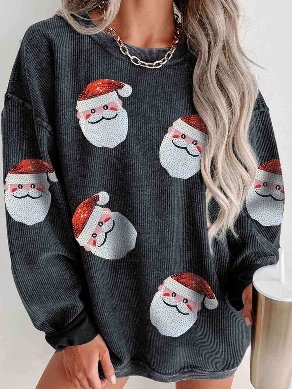 Sequin Santa Patch Ribbed Sweatshirt - Trendsi - Flyclothing LLC