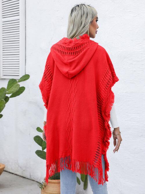 Fringe Trim Buttoned Hooded Poncho - Trendsi
