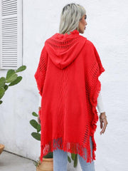 Fringe Trim Buttoned Hooded Poncho - Trendsi