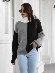 Contrast Turtleneck Long Sleeve Sweater - Trendsi