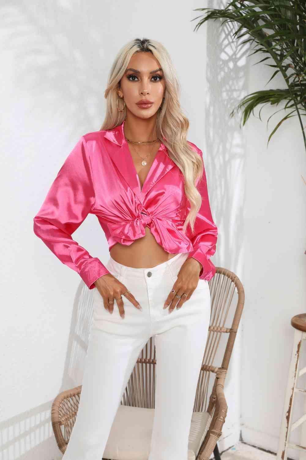Lapel Collar Button Up Long Sleeve Shirt - Trendsi