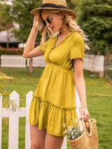 Frill V-Neck Short Sleeve Ruffle Hem Dress - Trendsi - Flyclothing LLC