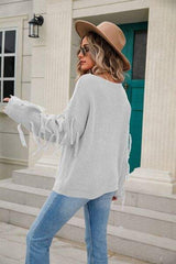 Fringe Round Neck Dropped Shoulder Sweater - Trendsi - Flyclothing LLC