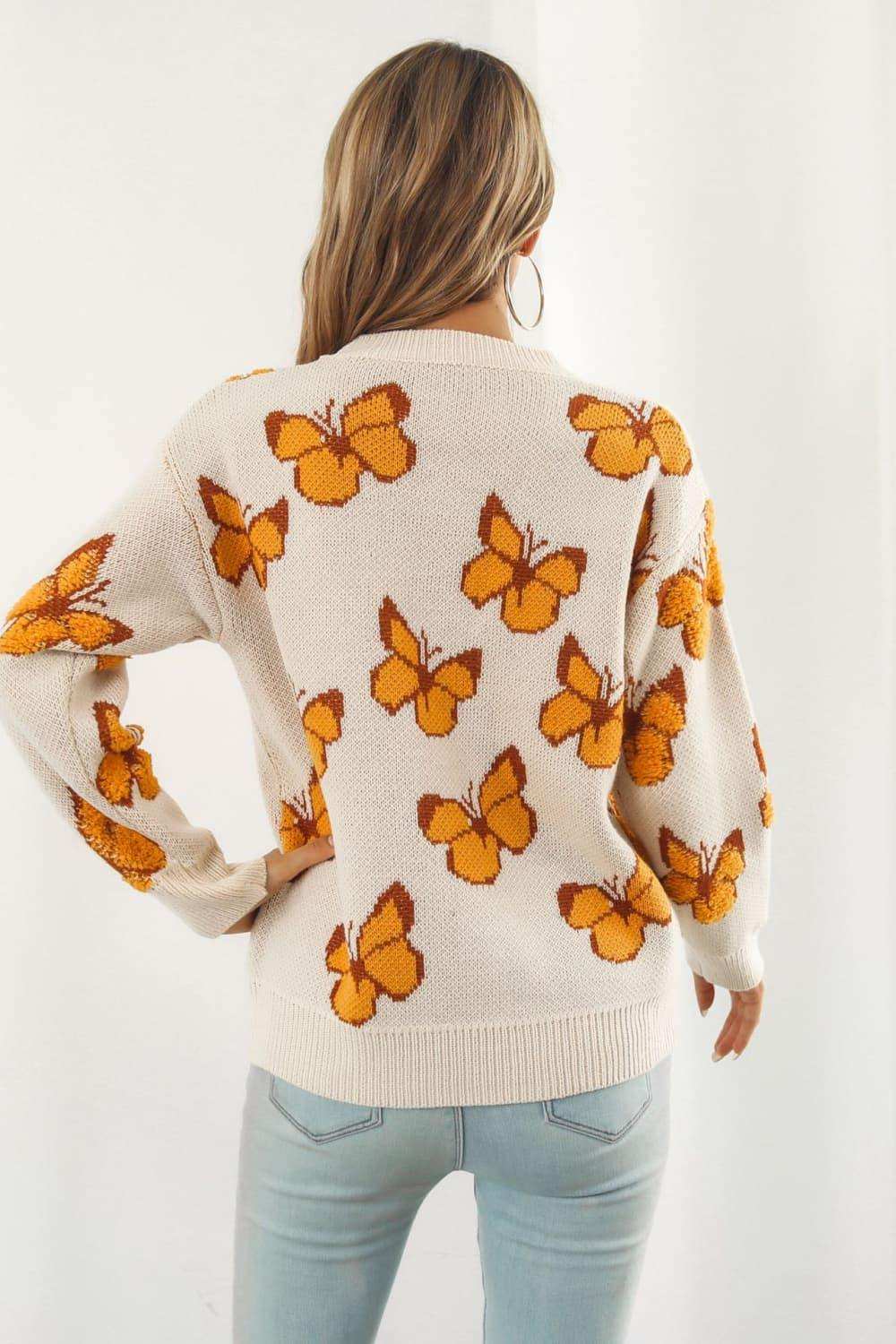 Butterfly Pattern Round Neck Dropped Shoulder Sweater - Trendsi - Flyclothing LLC