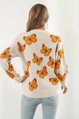 Butterfly Pattern Round Neck Dropped Shoulder Sweater - Trendsi