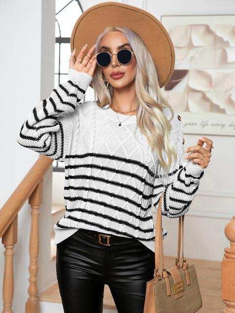 Striped Round Neck Cable-Knit Sweater - Trendsi - Flyclothing LLC