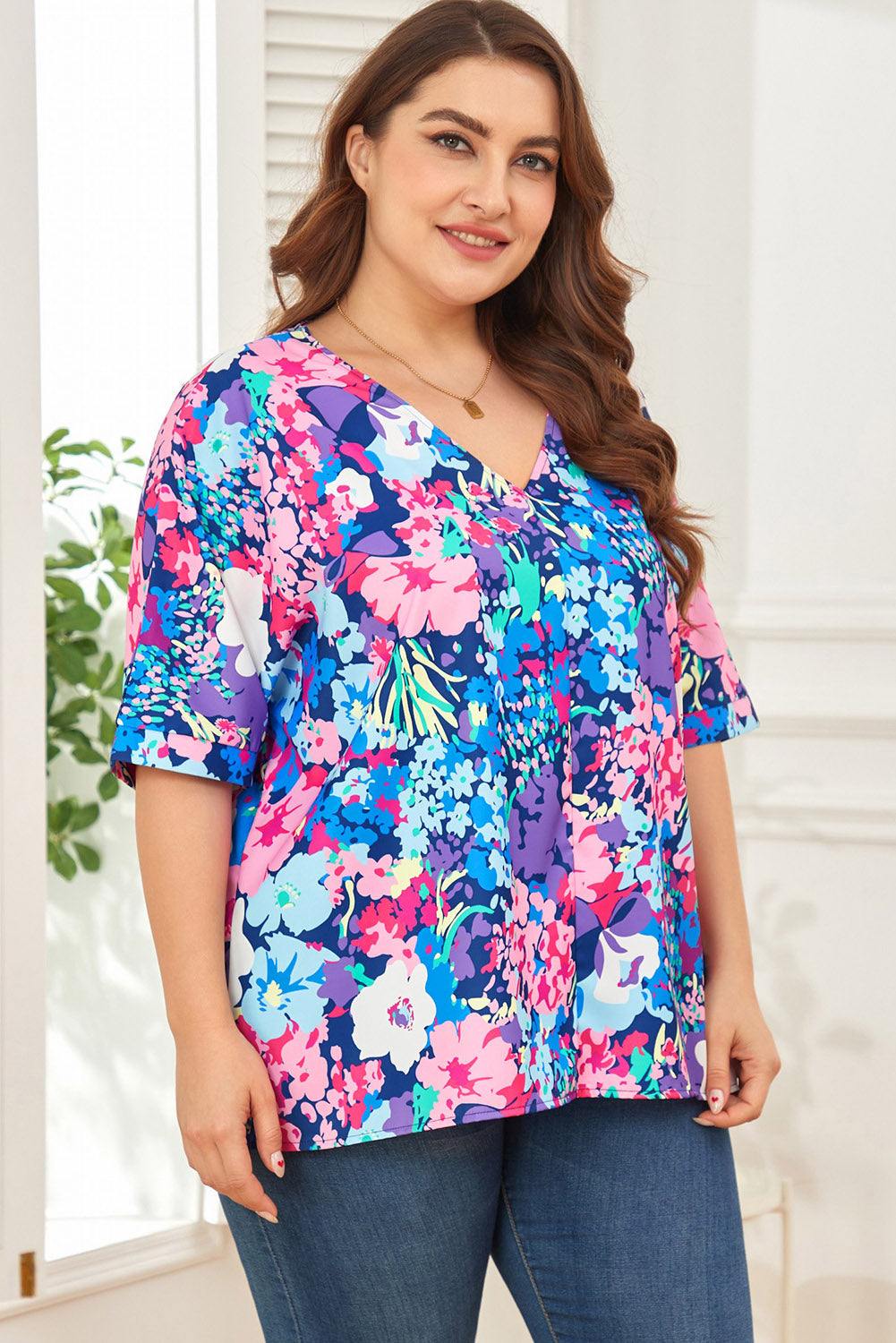 Floral Center Seam V-Neck Blouse - Trendsi