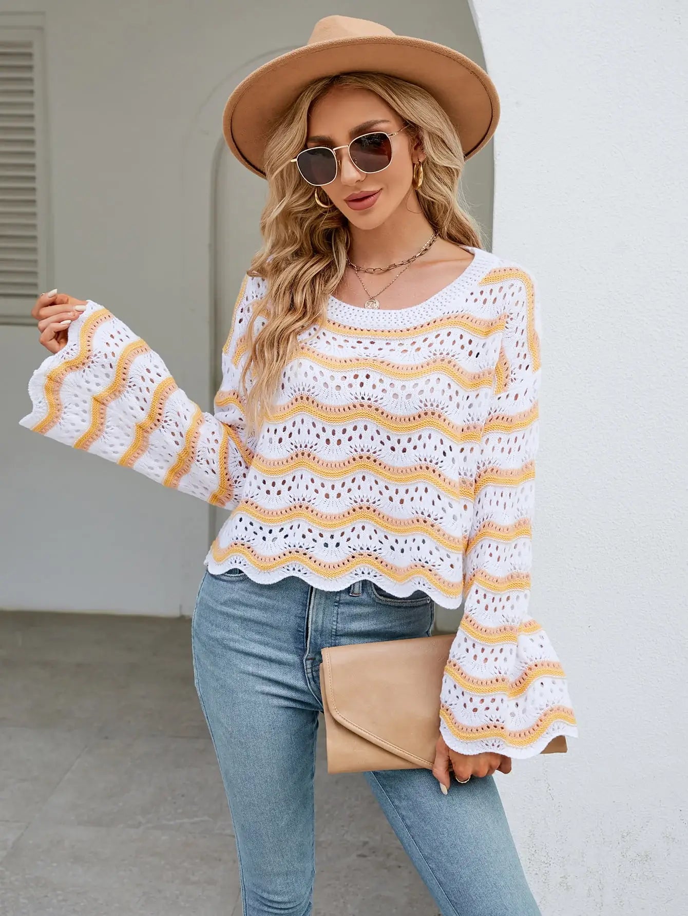 Round Neck Openwork Flare Sleeve Knit Top - Trendsi - Flyclothing LLC