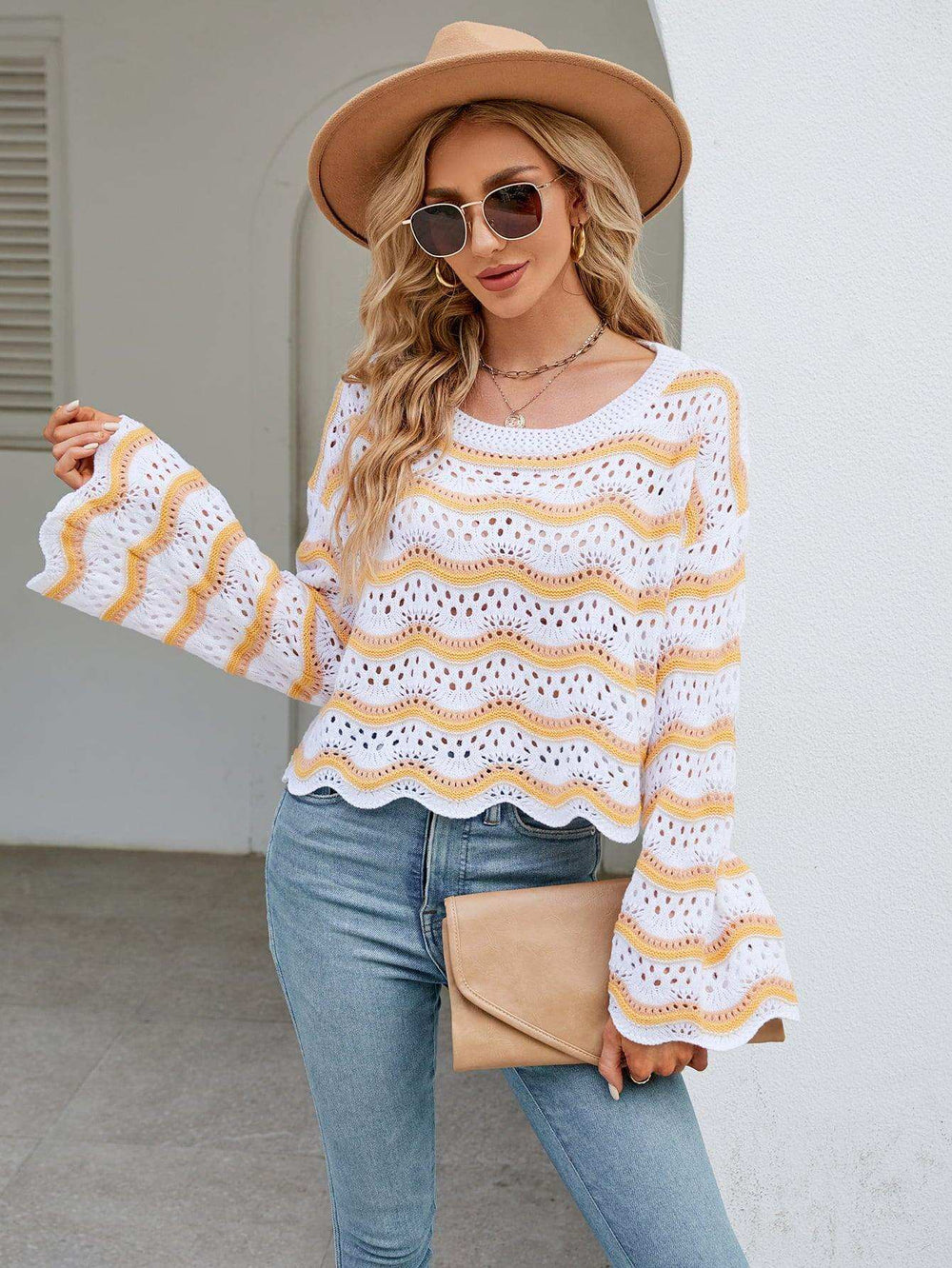 Round Neck Openwork Flare Sleeve Knit Top - Trendsi - Flyclothing LLC