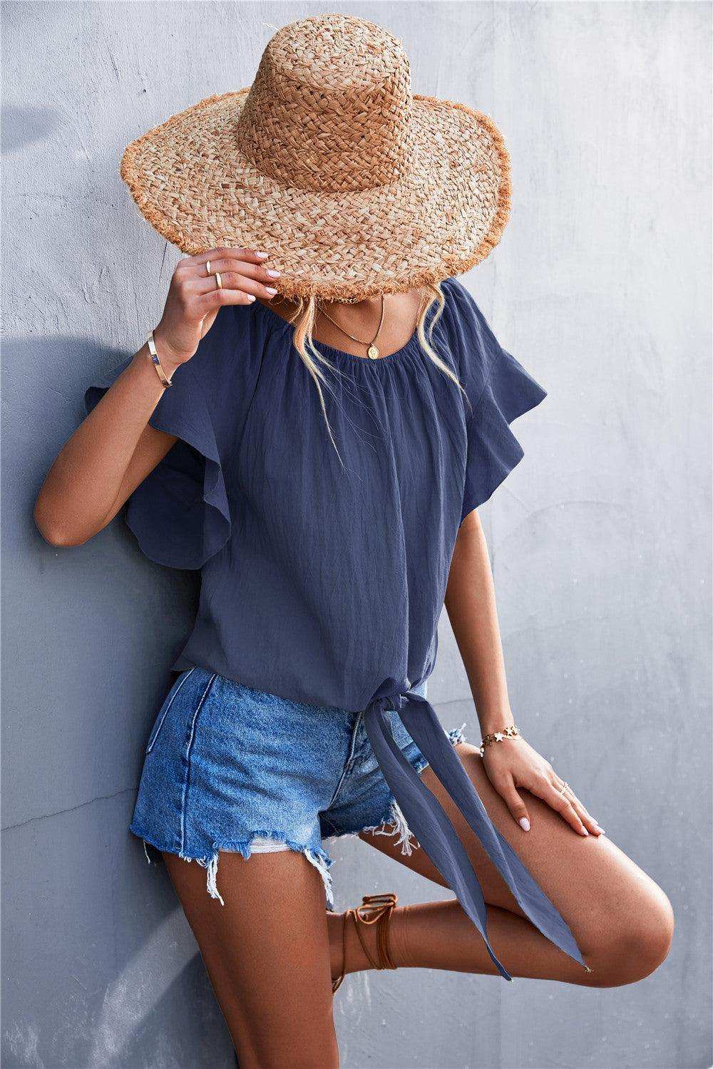 Flutter Sleeve Tie-Front Blouse - Trendsi - Flyclothing LLC