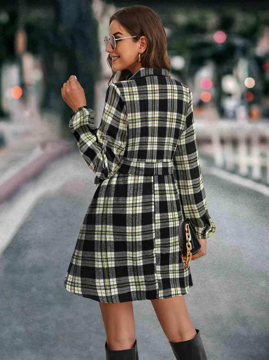 Plaid Tie Front Collared Neck Long Sleeve Dress - Trendsi - Flyclothing LLC