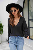 V-Neck Drop Shoulder Long Sleeve Knit Top - Trendsi - Flyclothing LLC