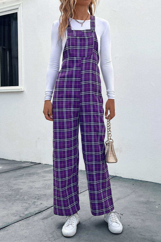 Plaid Straight Leg Overalls - Trendsi - Flyclothing LLC