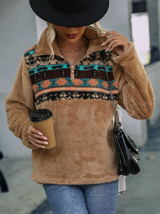 Geometric Quarter-Zip Collared Sweatshirt - Trendsi