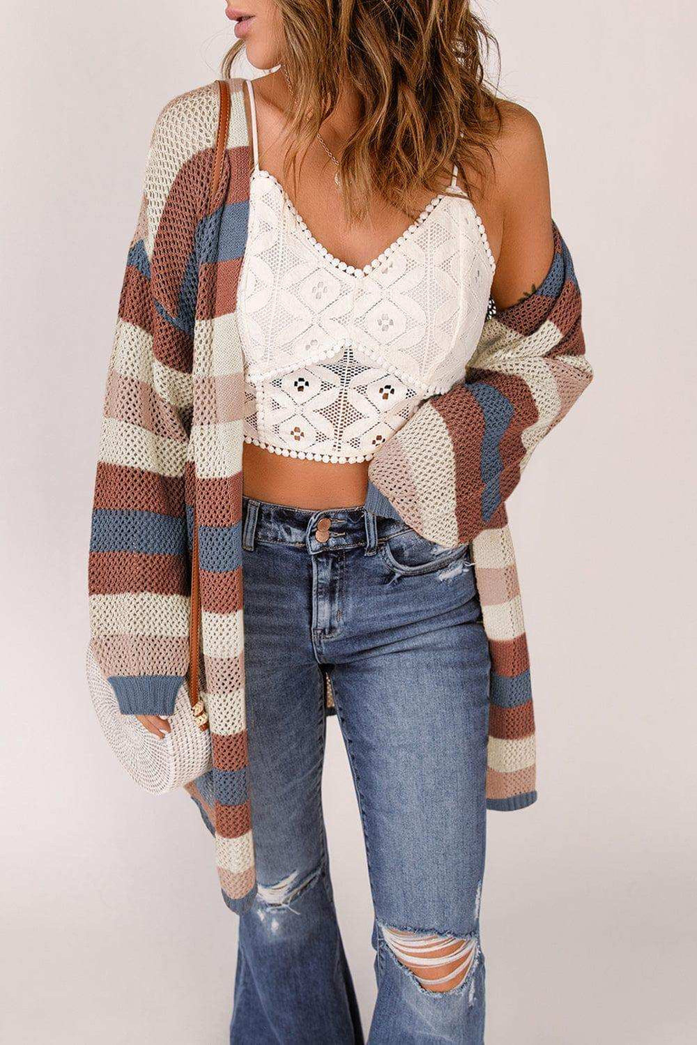 Full Size Striped Long Sleeve Openwork Cardigan - Trendsi - Flyclothing LLC