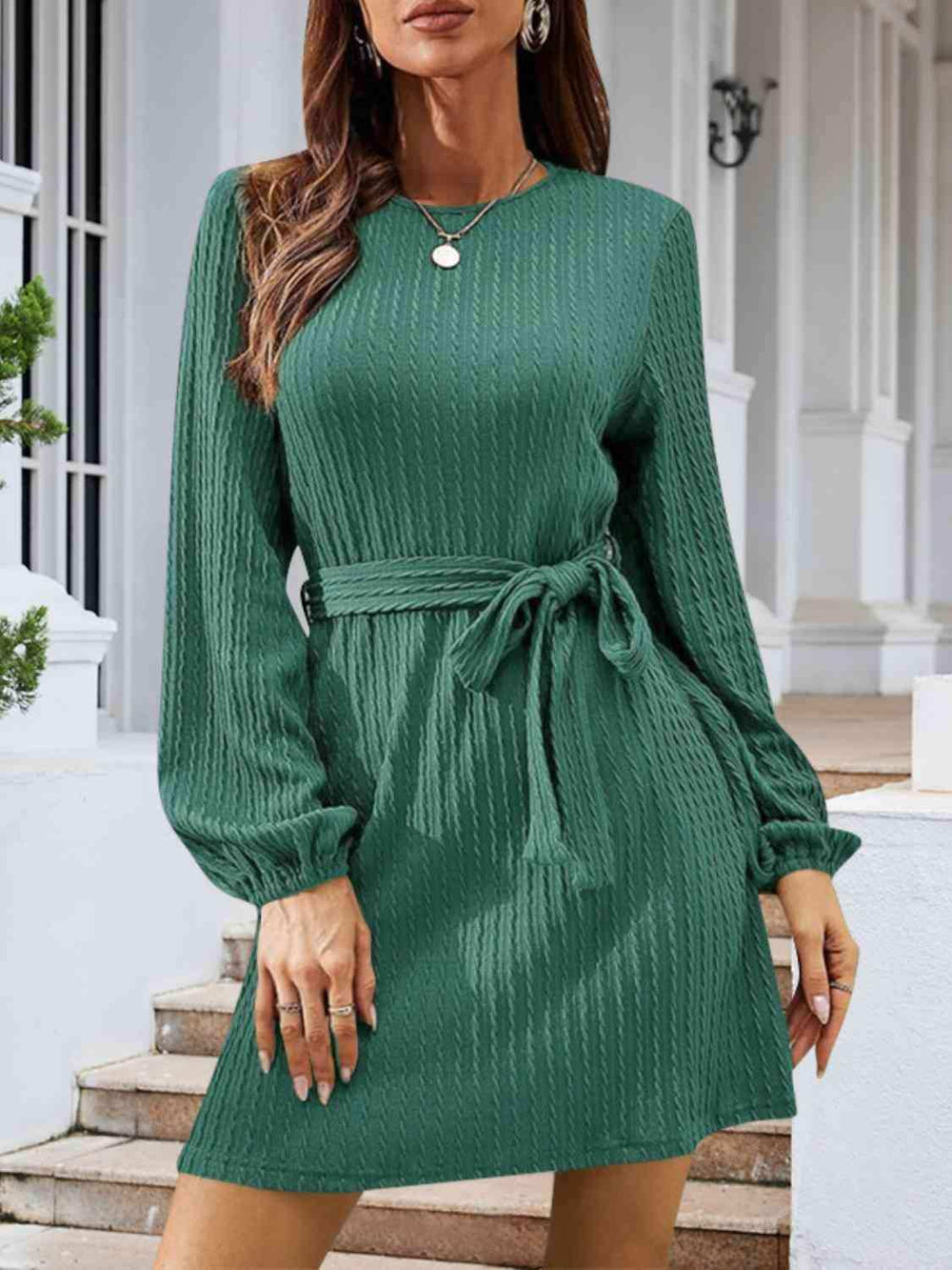 Round Neck Tie Front Long Sleeve Dress - Trendsi - Flyclothing LLC