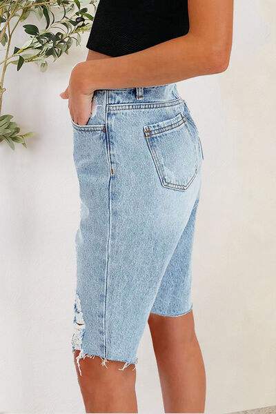 Distressed Pocketed Denim Shorts - Trendsi - Flyclothing LLC