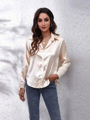 Button Up Collared Neck Long Sleeve Shirt - Trendsi