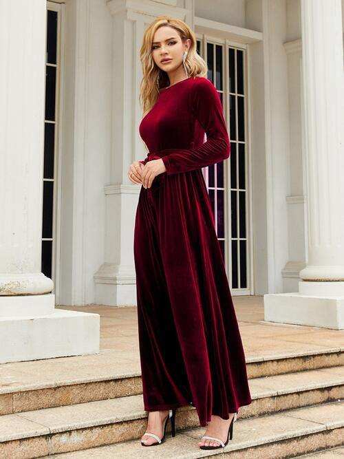 Tie Front Round Neck Long Sleeve Maxi Dress - Trendsi - Flyclothing LLC